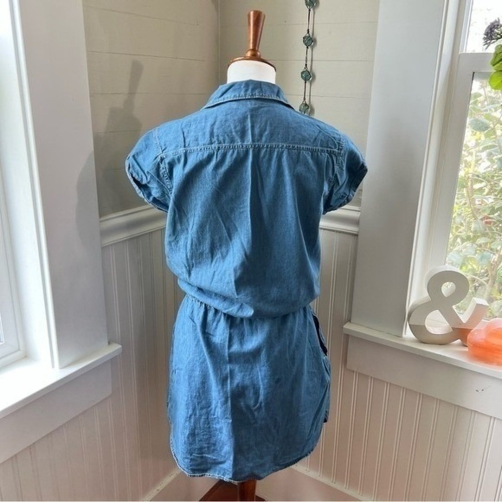 PAIGE Flyer Denim Short Sleeve Drawstring Waist Mini Shirtdress Size M - Picture 12 of 15